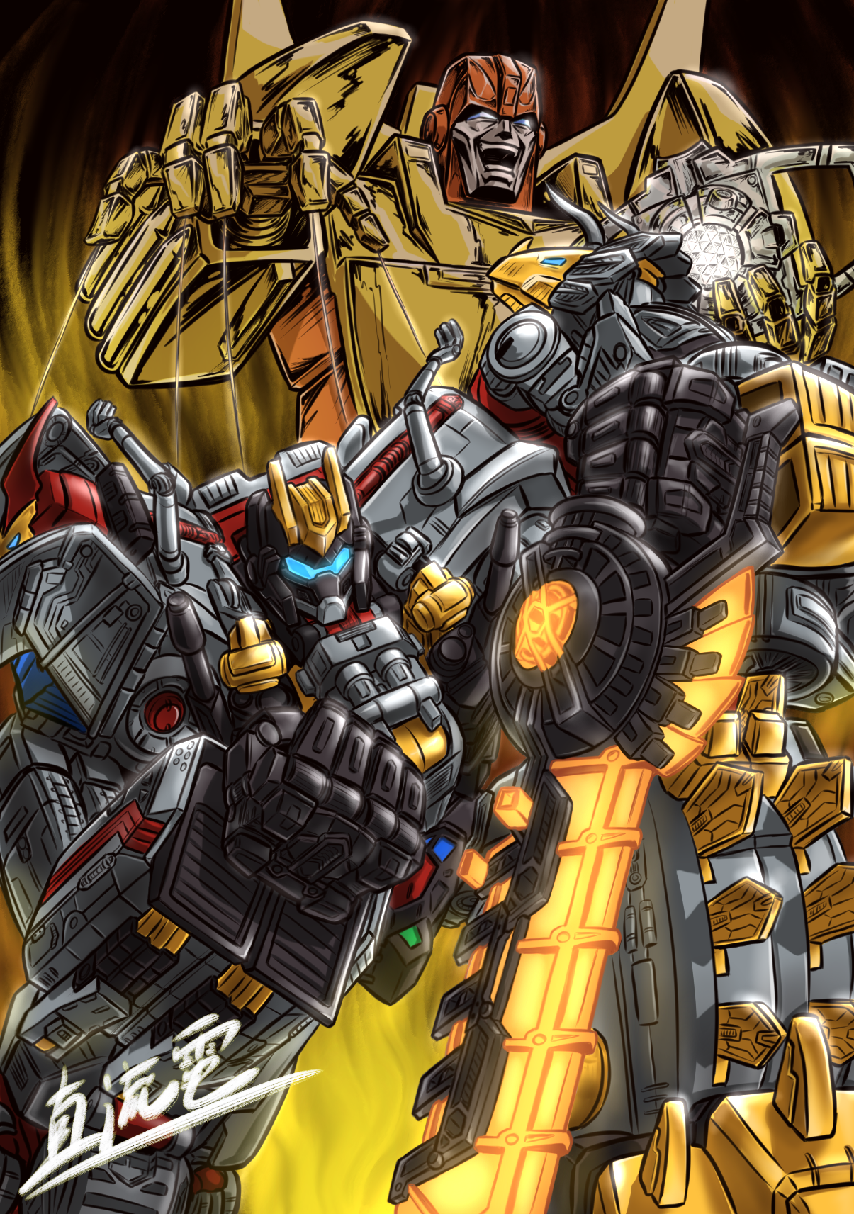 Transformers illustration with gold and black characters